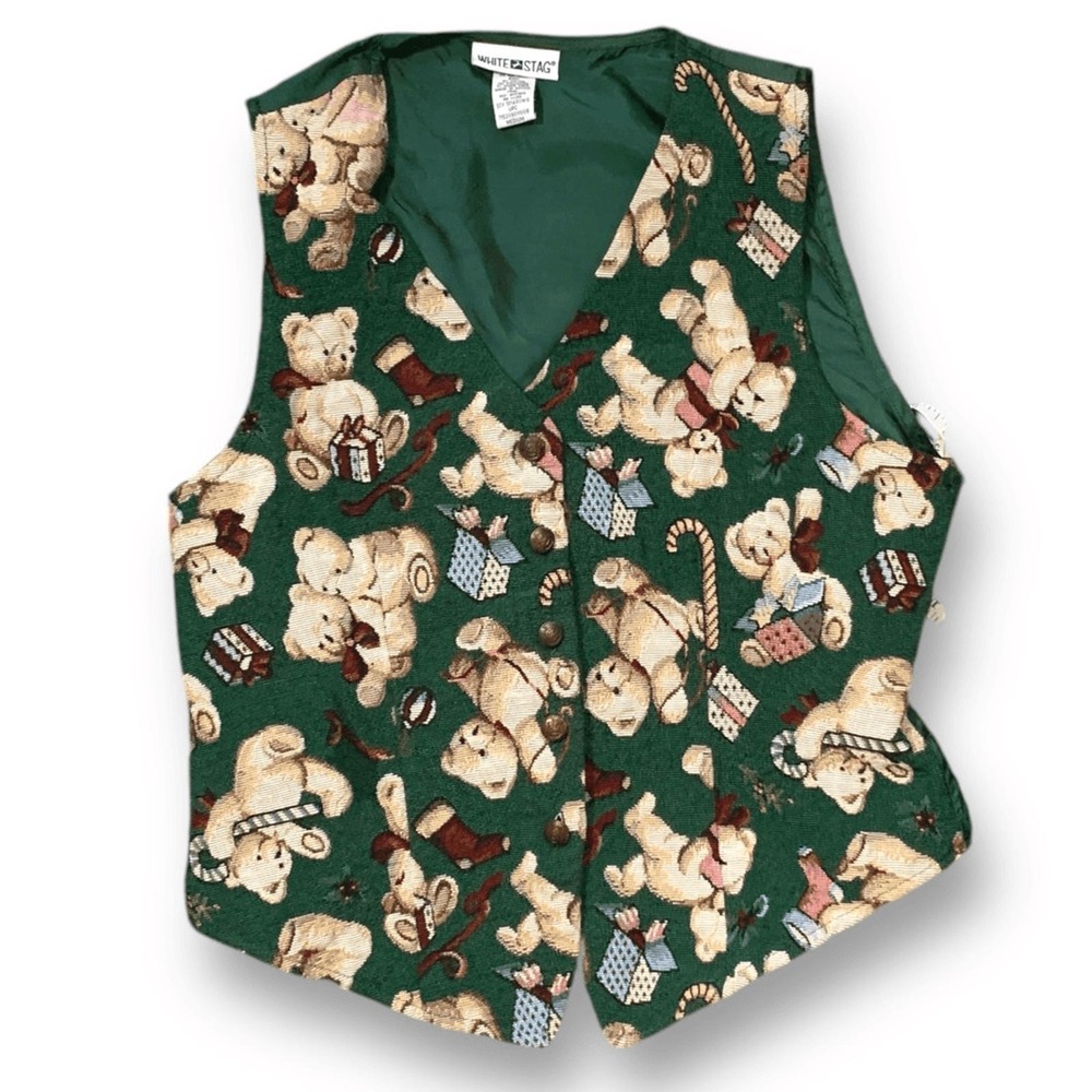 Vintage Christmas Teddy Bear Vest Green Holiday Novelty Waistcoat Whimsical - Picture 11 of 11